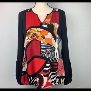 Chico’s 2 Black Red Printed Long Sleeve Blouse